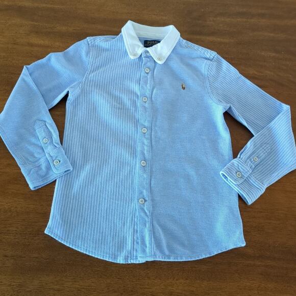 Raulph Lauren Boys Knit Oxford Fun Shirt in Harbor Island Blue white size 7 EUC - Picture 2 of 8